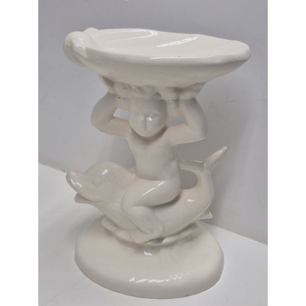 Vtg ‘60 Cherub Riding Dolphin Holding Shell Soap Dish Holland Mold White Glaze